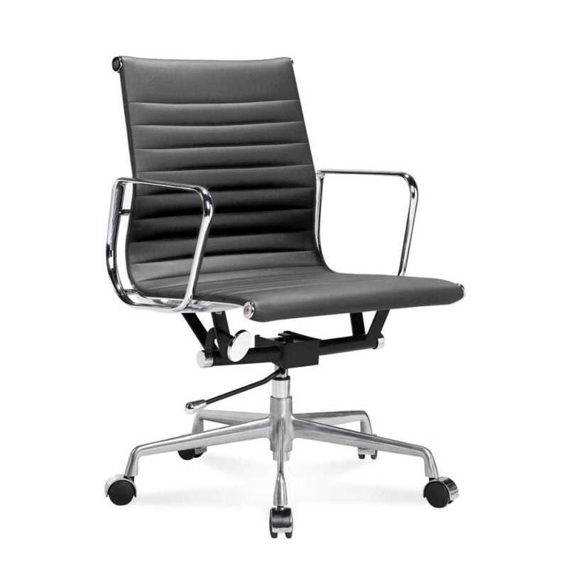 Thin Pad Ribbed Leather cushions and Steel Frame Office Chair Low Back