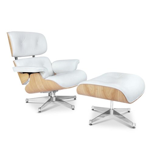 Lounge Chair and Ottoman White Leather Oak wood with Silver metal parts