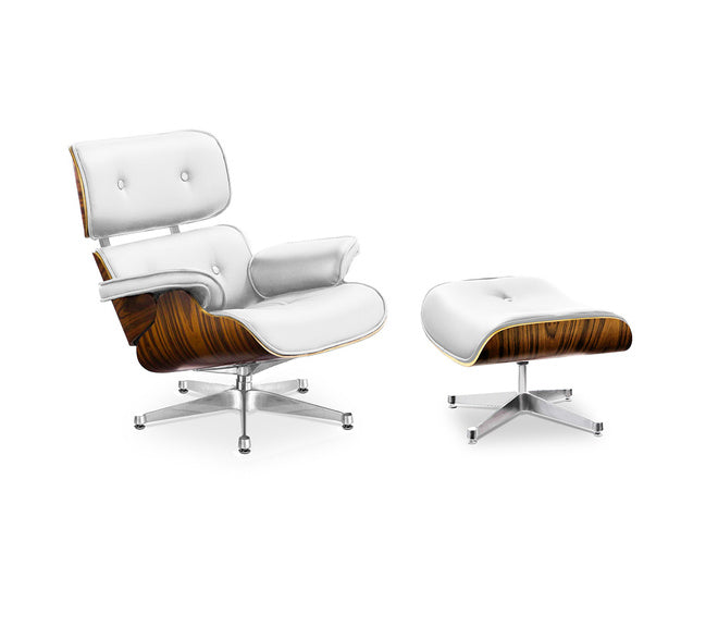 Lounge Chair and Ottoman White Leather Palisander wood with Silver metal parts