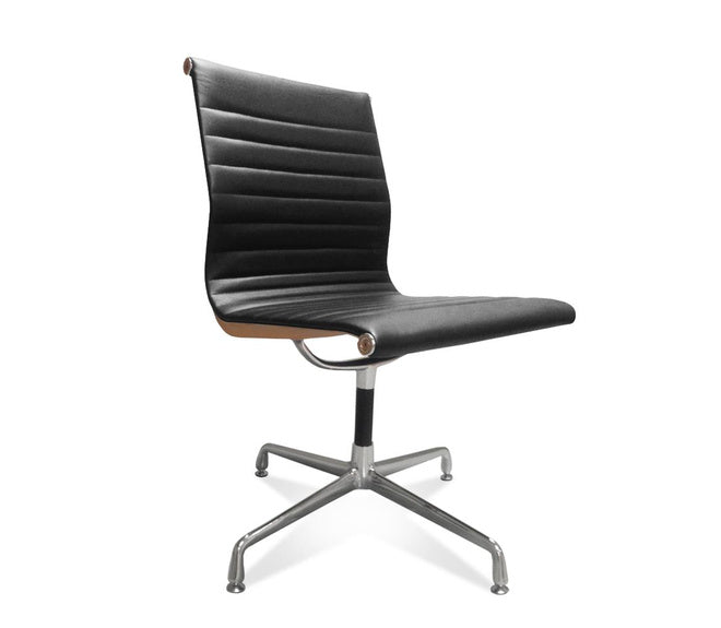 Thin Pad Ribbed Black Leather Steel Frame Office Chair Low Back