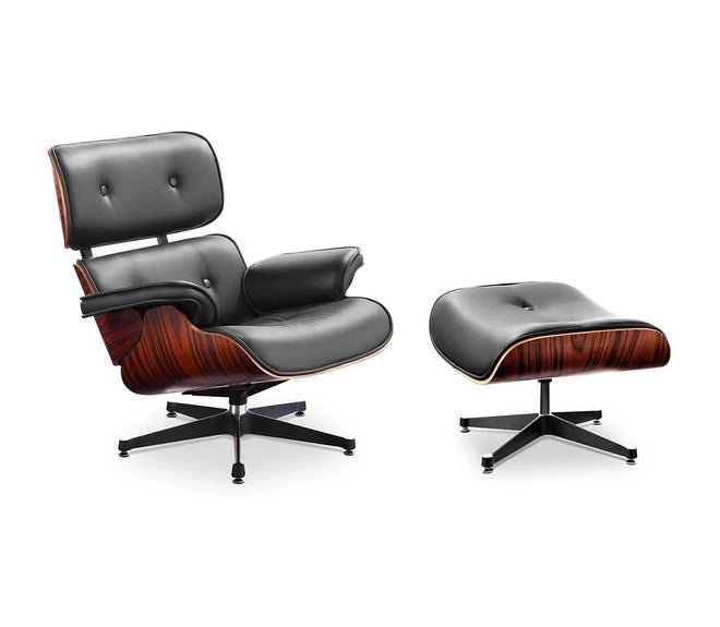 Lounge Chair and Ottoman Black Leather Rosewood with Black metal parts - MODFEEL