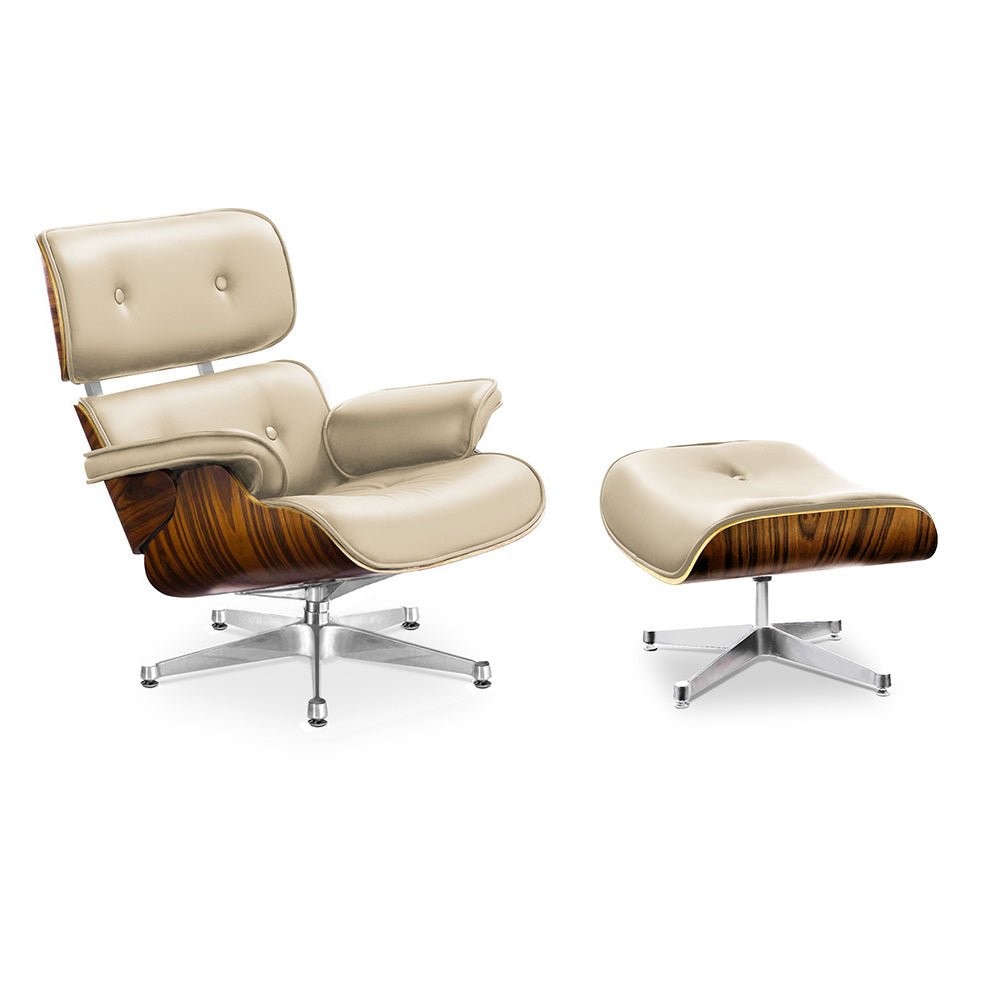Lounge Chair and Ottoman Cream Leather Palisander wood with Silver metal parts - MODFEEL