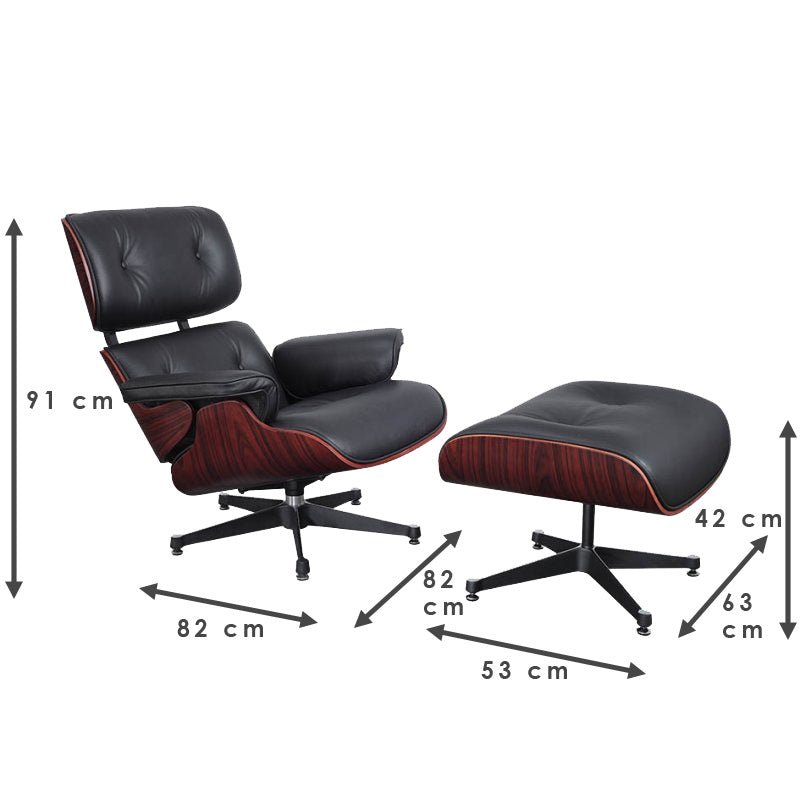 Lounge Chair and Ottoman Extra Large Backrest Black Leather Rose wood with Black metal parts - MODFEEL