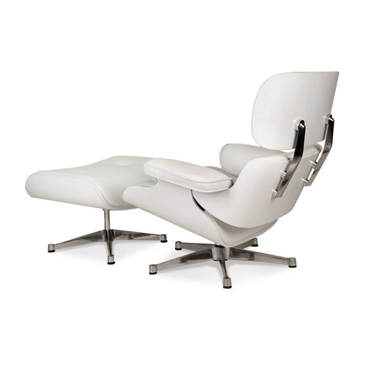 Lounge Chair and Ottoman White Leather  White painted wood with Silver metal parts