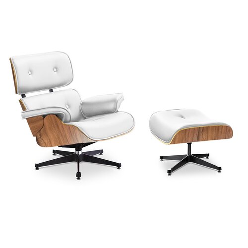 Lounge Chair and Ottoman White Leather  Walnut wood with Black metal parts