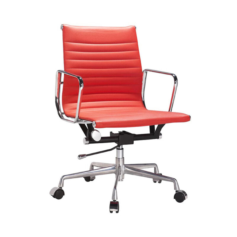 Thin Pad Ribbed Leather cushions and Steel Frame Office Chair Low Back