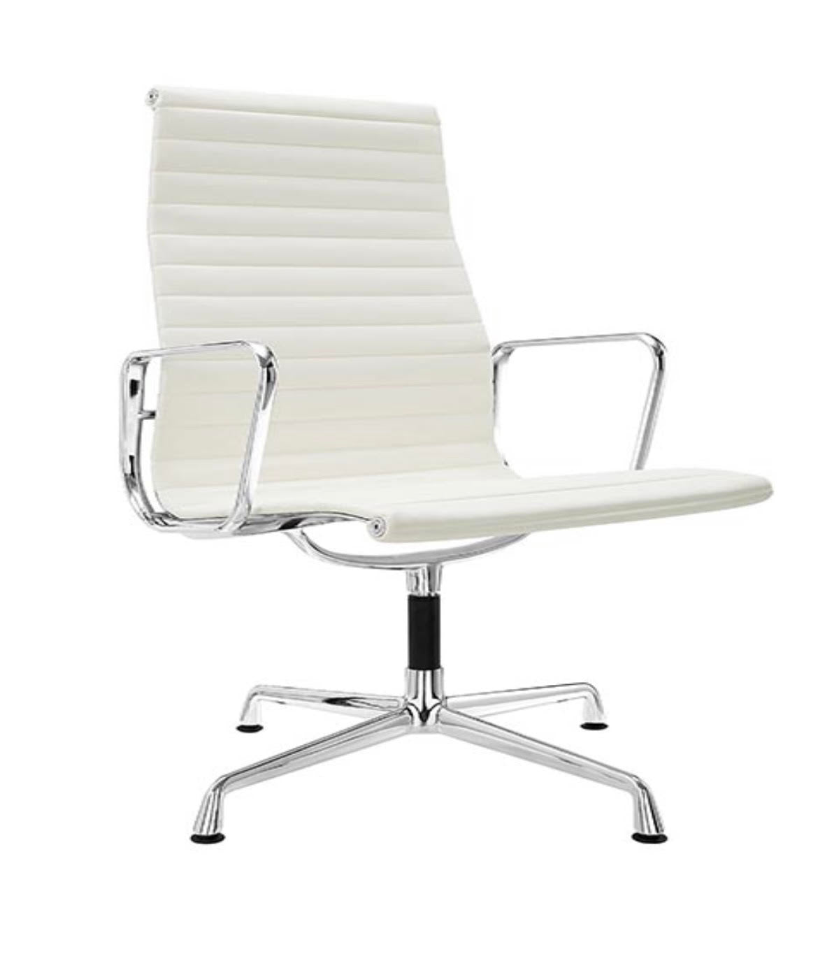Dünner, gepolsterter, gerippter Bürostuhl aus weißem Leder mit Stahlgestell und hoher Rückenlehne