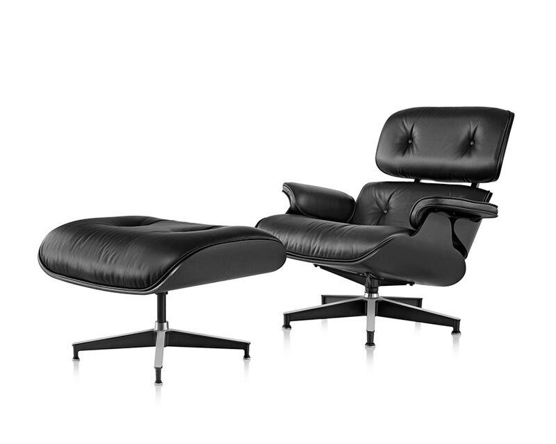Lounge Chair and Ottoman Black Leather Black painted wood with Silver metal parts - MODFEEL