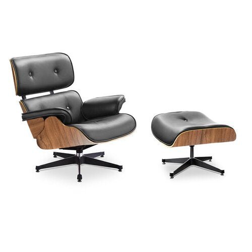 Lounge Chair and Ottoman Black Leather Walnut wood with Black metal parts - MODFEEL
