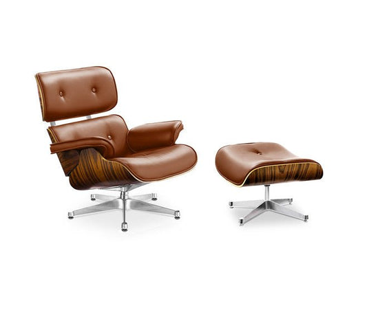 Lounge Chair and Ottoman Cognac Leather Palisander wood with Silver metal parts - MODFEEL